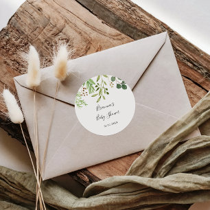 Eucalyptus Eenvoudig Bruin Bloemig Baby Shower Fav Ronde Sticker
