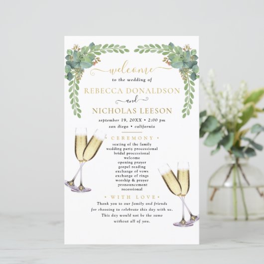 Eucalyptus Elegant Calligraphy Wedding Programme (Staand voorkant)