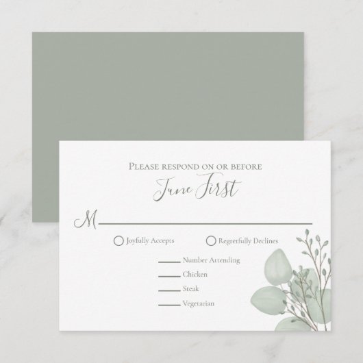 Eucalyptus Elegant Greenery Foliage Leaves RSVP Kaartje (Voorkant / Achterkant)