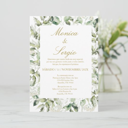 Eucalyptus Elégant mariage Invitation en espagnol (Debout devant)