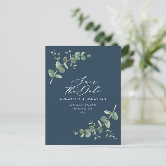 Eucalyptus elegant marvy blue bruiloft met uitzond briefkaart (Staand voorkant)