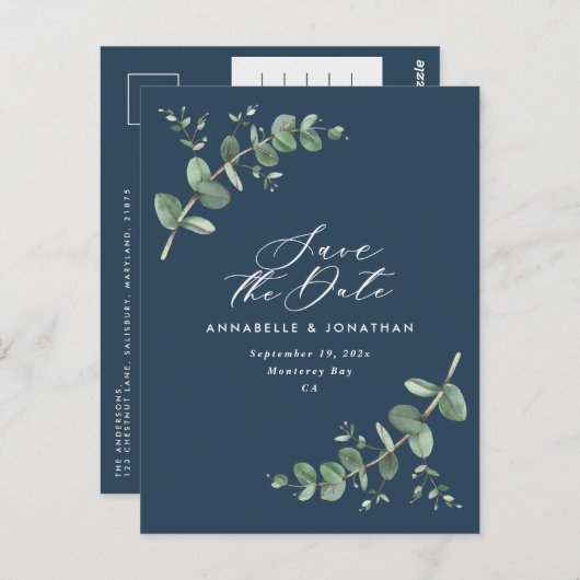Eucalyptus elegant marvy blue bruiloft met uitzond briefkaart (Voorkant / Achterkant)