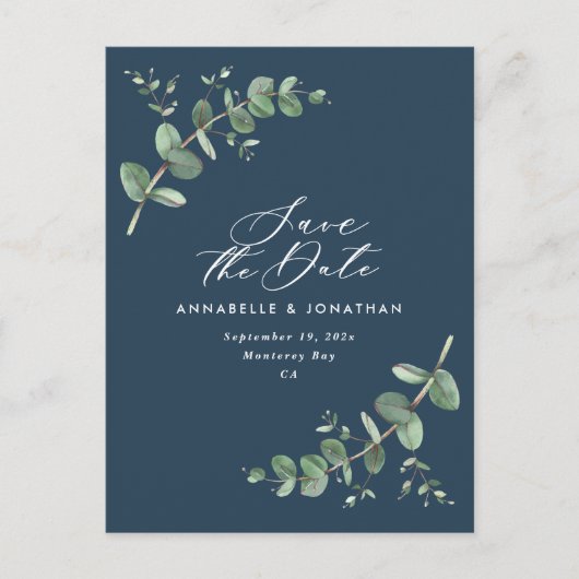 Eucalyptus elegant marvy blue bruiloft met uitzond briefkaart (Voorkant)