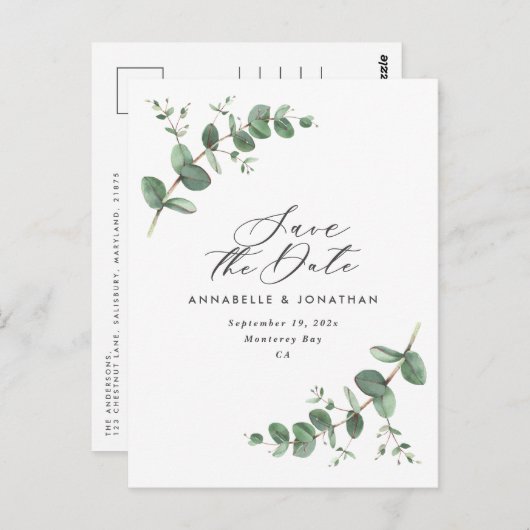 Eucalyptus elegant moderne bruiloft met behoud van briefkaart (Voorkant / Achterkant)