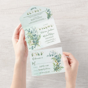 Eucalyptus en Gold Fern Botanical Wedding All In One Uitnodiging