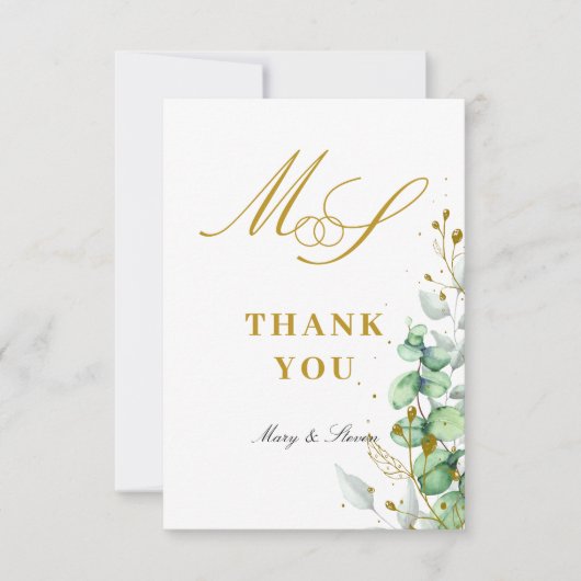 Eucalyptus en goud Monogram Bruiloft Bedankkaart (Voorkant)