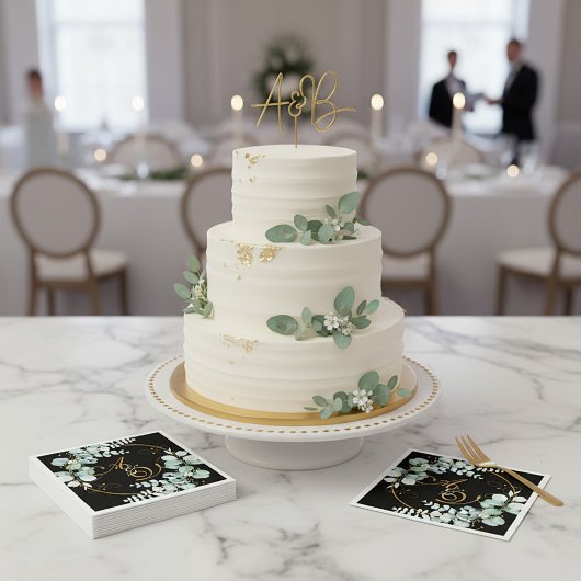 Eucalyptus en goud op een zwarte gepersonaliseerde servet