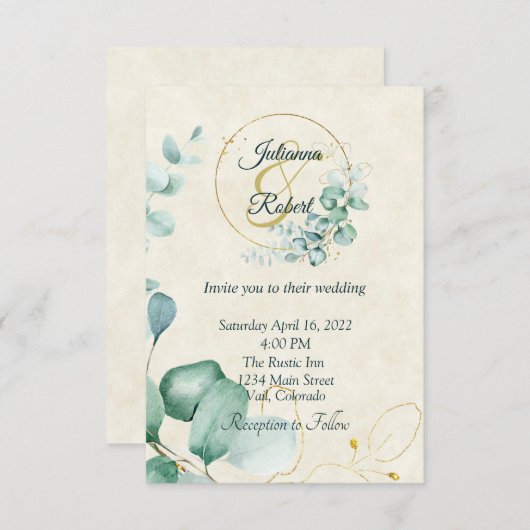 Eucalyptus en goudbruidsuitnodiging voor bruiloft kaart (Voorkant / Achterkant)