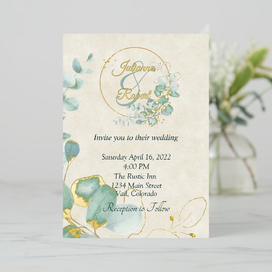 Eucalyptus en goudbruiloft folie uitnodiging (Staand Voorkant)