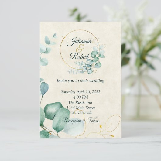 Eucalyptus en goudbruiloft kaart (Staand voorkant)