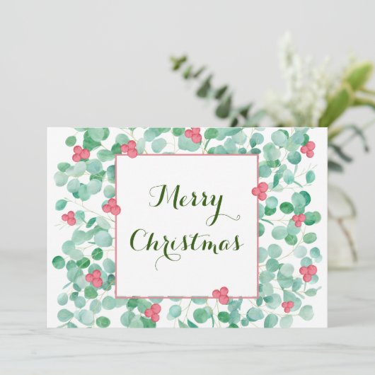 Eucalyptus En Rode Bes Kranz Plat Kerstkaart (Staand voorkant)