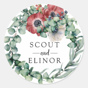 Eucalyptus en Rode Bloemen bruiloft gunst Ronde Sticker