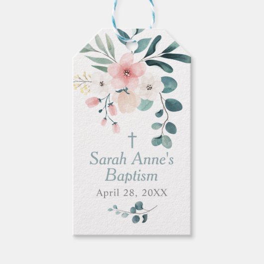 Eucalyptus en Roze Bloem Doop Cadeaulabel (Voorkant)