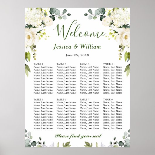 Eucalyptus en Rozen 8 Tables WeddenschapskART Poster (Voorkant)