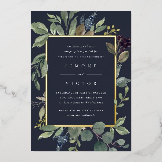 Eucalyptus en salie | Groene botanische bruiloft Folie Uitnodiging (Voorkant)