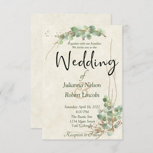 Eucalyptus en uitnodiging voor goudbruiloft (Voorkant / Achterkant)