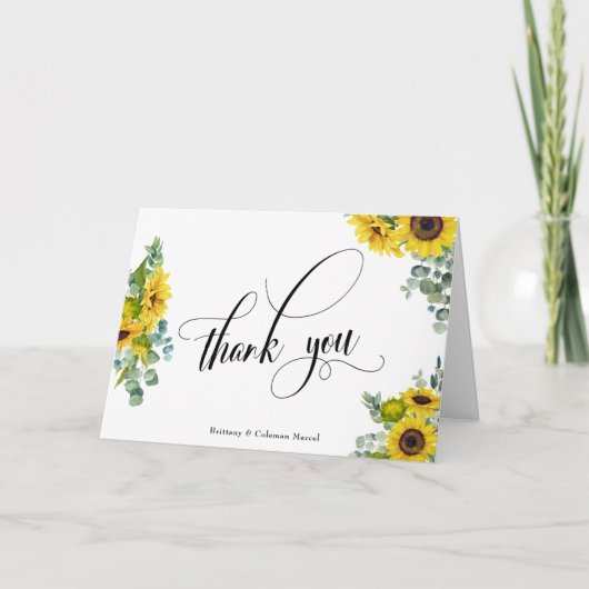 Eucalyptus en zonnebloemen in script uitwerken bedankkaart (Voorkant)