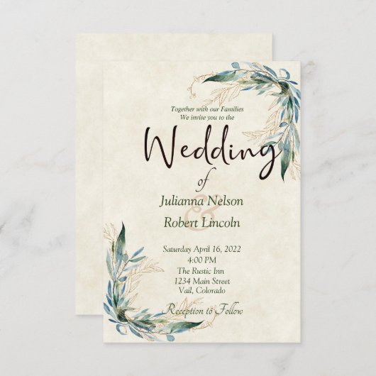 Eucalyptus et faire-part de mariage d'or (Devant / Derrière)