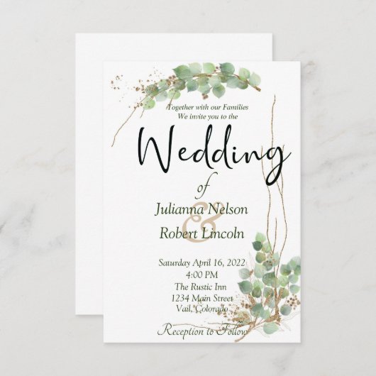 Eucalyptus et faire-part de mariage d'or (Devant / Derrière)