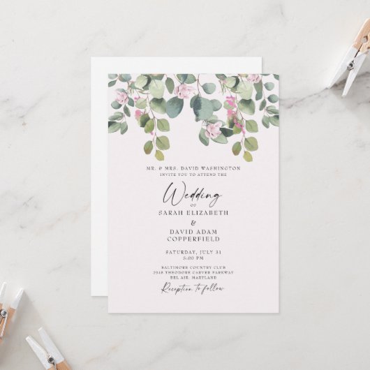 Eucalyptus et Rose Faire-part de mariage (Devant/Arrière en situation)