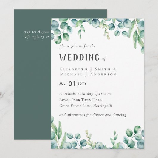 Eucalyptus Faire-part de mariage Budget Vert Feuil (Devant / Derrière)