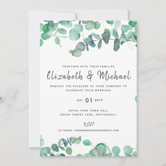 Eucalyptus Faire-part de mariage Budget Vert Feuil (Devant)