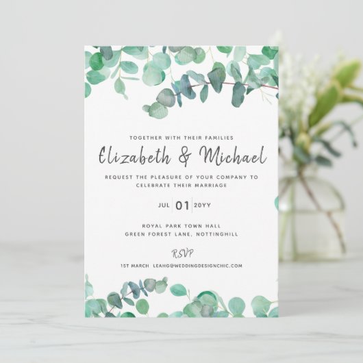 Eucalyptus Faire-part de mariage Budget Vert Feuil (Debout devant)