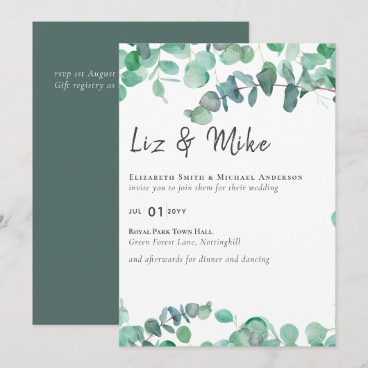 Eucalyptus Faire-part de mariage Budget Vert Feuil (Devant / Derrière)