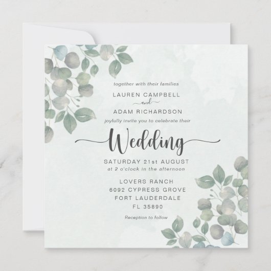 Eucalyptus Faire-part de mariage d'aquarelle verte (Devant)