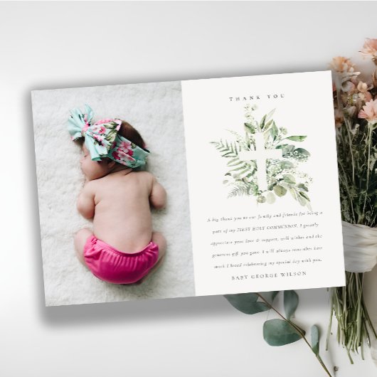 Eucalyptus Fern Foliage Cross Eerste Heilige Commu Bedankkaart