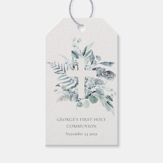 Eucalyptus Fern Foliage Cross Eerste Heilige Commu Cadeaulabel (Voorkant)