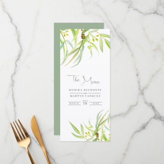 Eucalyptus feuille aquarelle menu mariage (Devant/Arrière en situation)