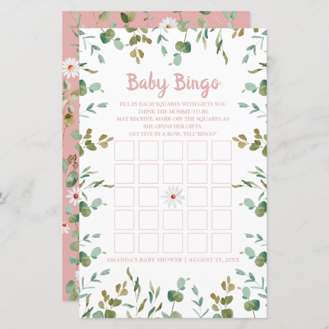 Eucalyptus Feuille Baby shower bébé Bingo (Devant / Derrière)