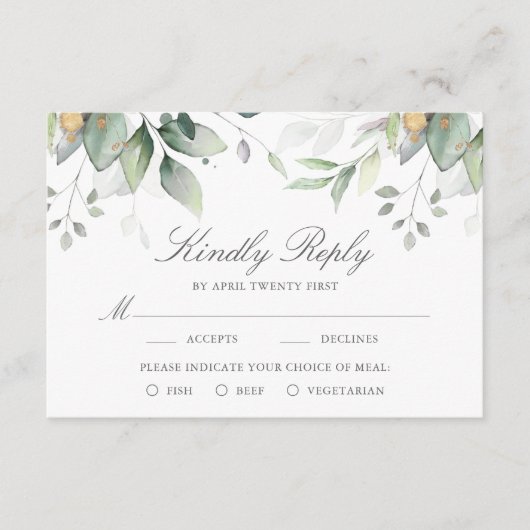 Eucalyptus Feuille Gold Meal Options Mariage RSVP (Devant)