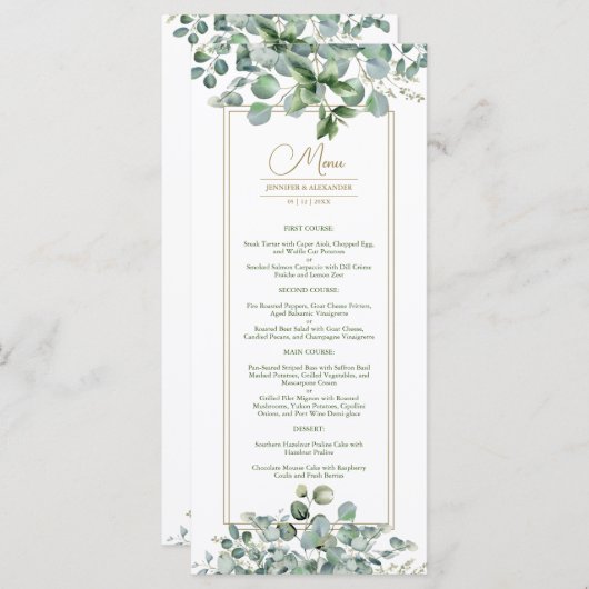Eucalyptus Feuille Gold Sage Green Mariage Menu (Devant / Derrière)