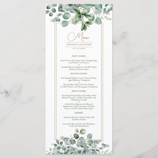 Eucalyptus Feuille Gold Sage Green Mariage Menu (Devant)