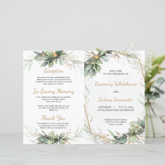 Eucalyptus Feuille Golden Greenery Wedding Program (Debout devant)