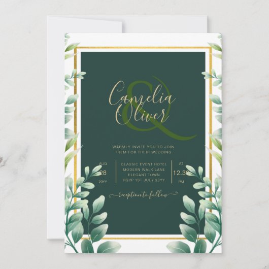 Eucalyptus Feuille MARIAGE OR QR CODE INVITATION R (Devant)