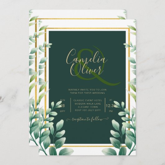 Eucalyptus Feuille MARIAGE OR QR CODE INVITATION R (Devant / Derrière)