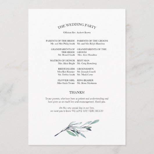 Eucalyptus Feuille Programmes de mariage vert (Dos)
