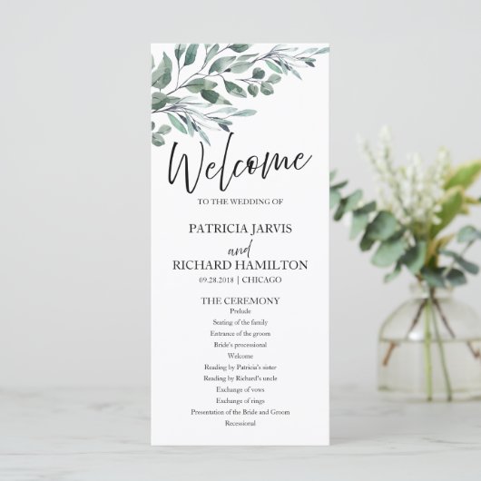Eucalyptus Feuille Programmes de mariage vert 4x9 (Debout devant)