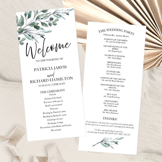 Eucalyptus Feuille Programmes de mariage vert 4x9