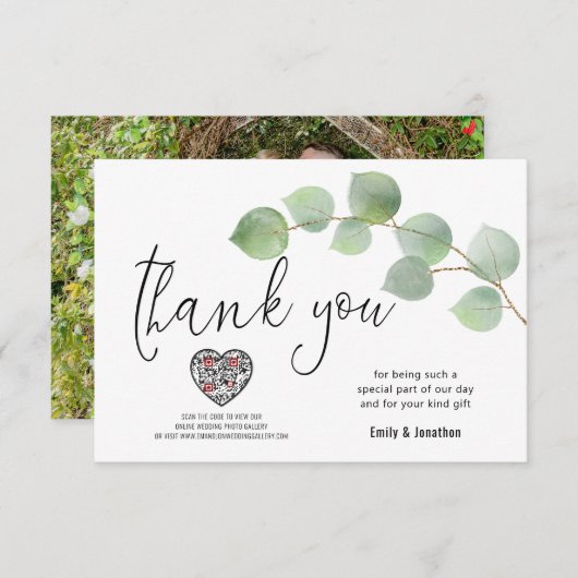 Eucalyptus Feuille Script Photo Code QR Merci (Devant / Derrière)