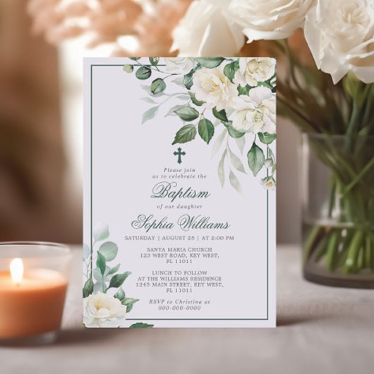 Eucalyptus Fleurs Blanches Baptême Invitation