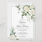 Eucalyptus Fleurs Blanches Baptême Invitation (Devant)