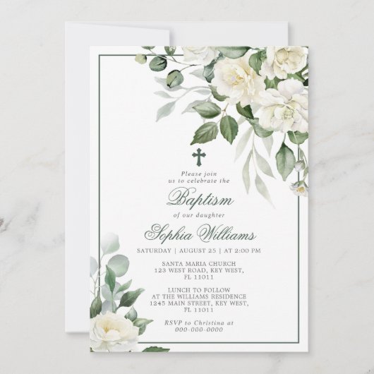 Eucalyptus Fleurs Blanches Baptême Invitation (Devant)