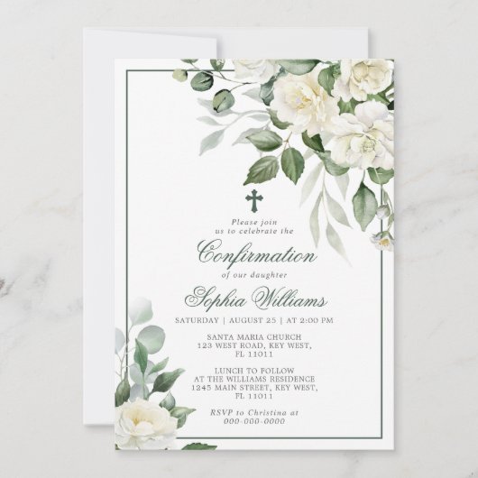 Eucalyptus Fleurs blanches Confirmation Invitation (Devant)
