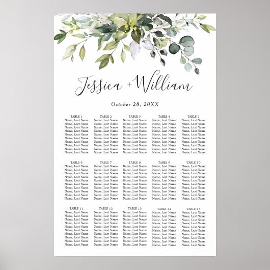 Eucalyptus Floral 15 Tables Wedding SEATING CHART Poster (Voorkant)