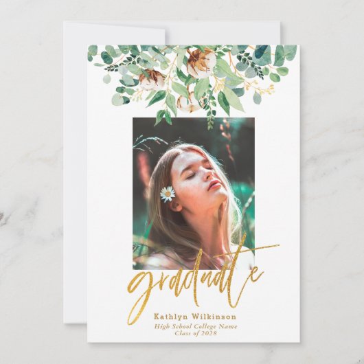 Eucalyptus Floral Elegant Gold Script Afstuderen Aankondiging (Voorkant)