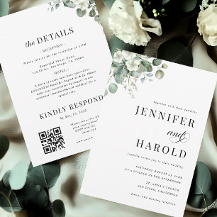 Eucalyptus Floral Minimal Plain All in One Wedding Kaart